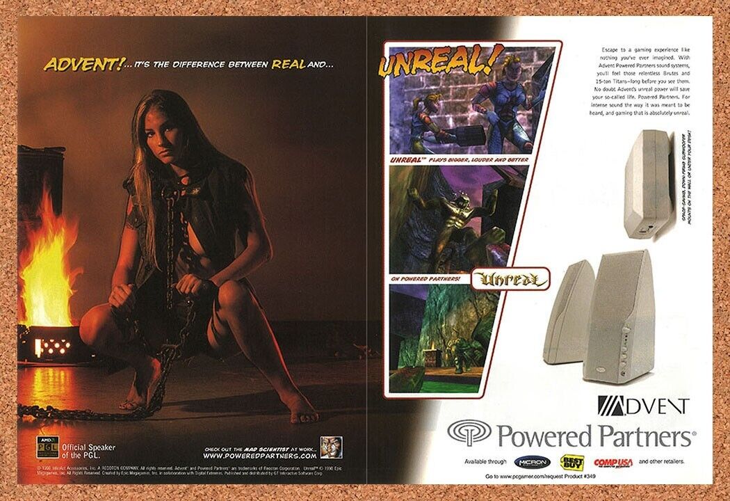 Unreal PC Original 1998 Vintage Ad - Advent Speakers Video Game Promo