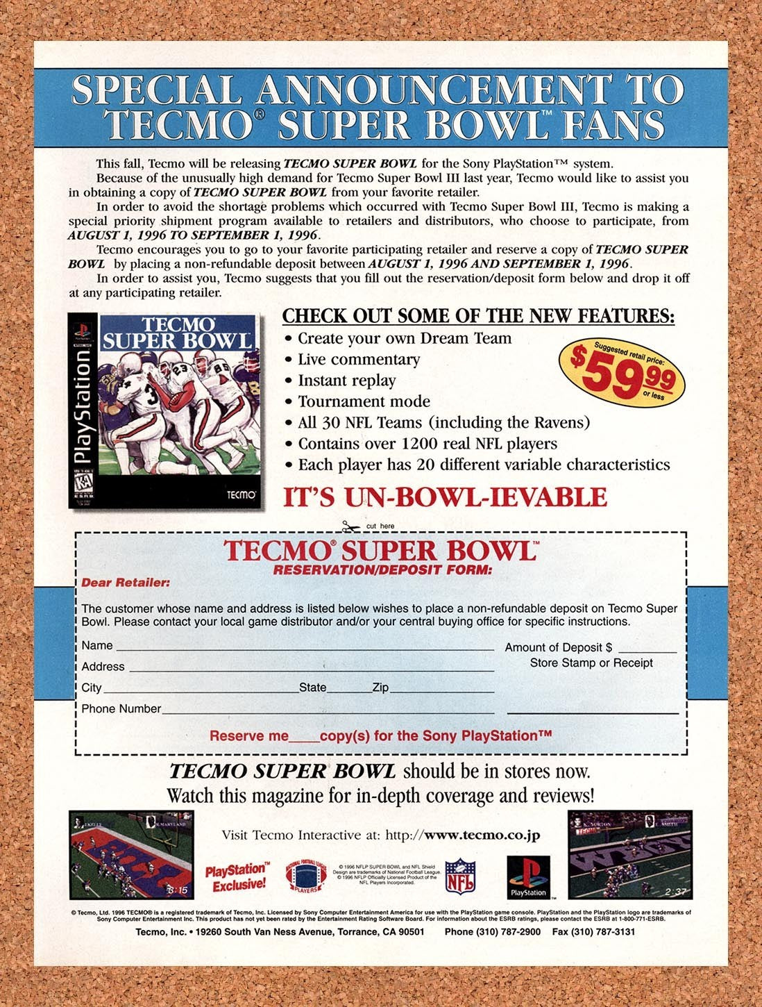 1996 Tecmo Super Bowl PS1 Reservation Original Advertisement / Retro Promo v2