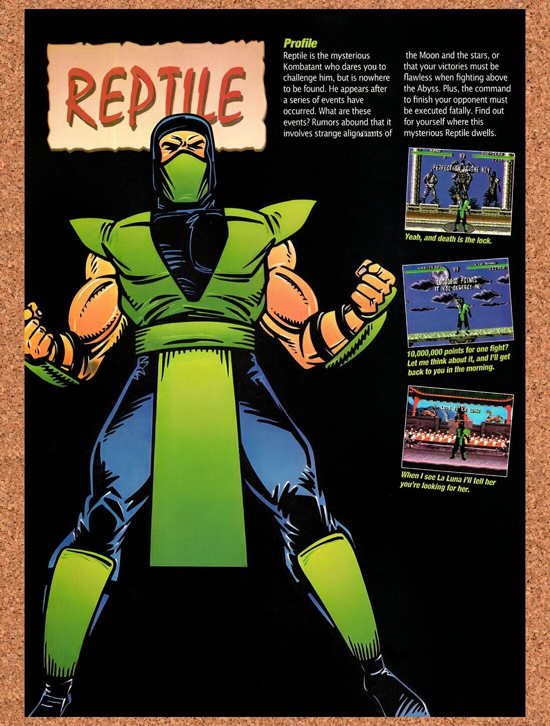 1993 Mortal Kombat Reptile Profile Original Advertisement / Retro Wall Art v23