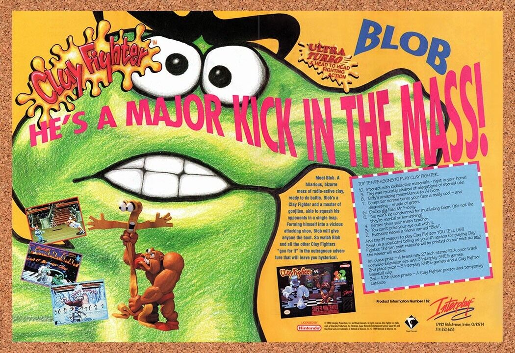 1994 ClayFighter SNES Original Advertisement / Retro Wall Art v5