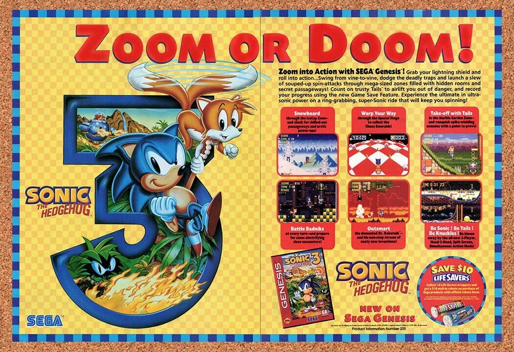 1994 Sonic 3 Genesis Zoom Or Doom Ad Original Advertisement / Retro Wall Art v1