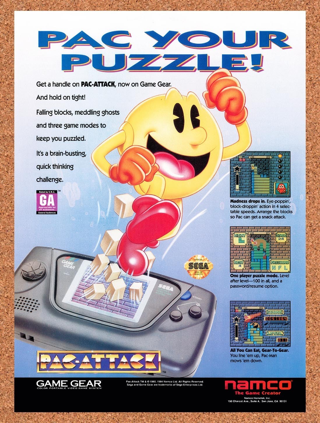 1994 Pac-Attack Game Gear Original Advertisement / Retro Promo v2