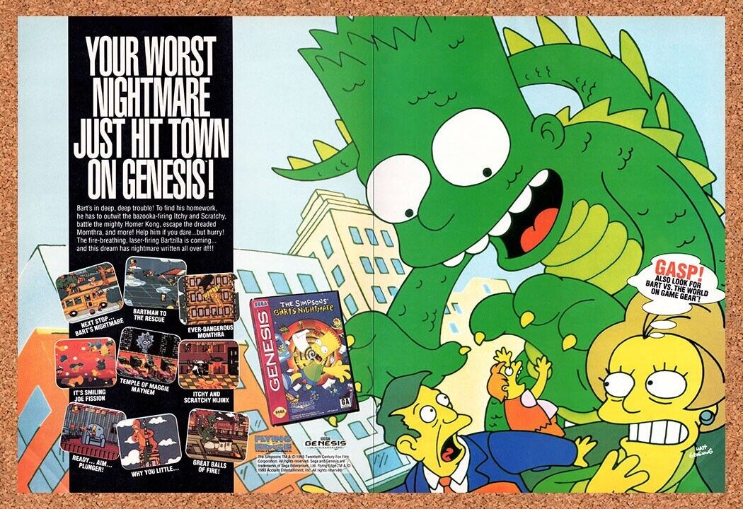 1993 Simpsons Barts Nightmare Genesis Original Advertisement / Retro Wall Art v1