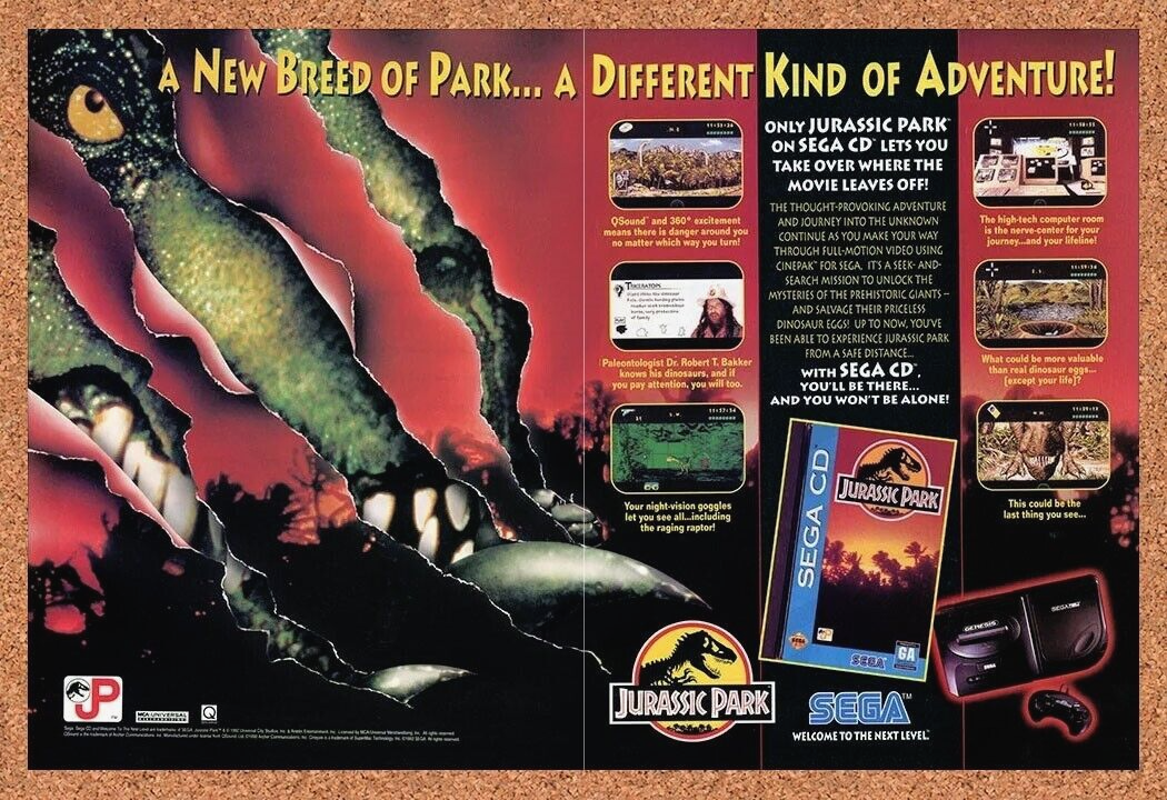Jurassic Park Sega CD Original 1993 Ad Authentic Movie Video Game Promo
