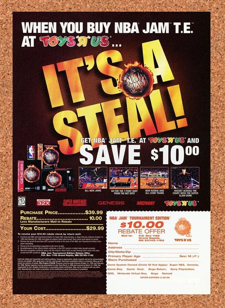 NBA Jam TE SNES Toys R Us Rebate Original 1996 Ad Authentic Video Game Promo