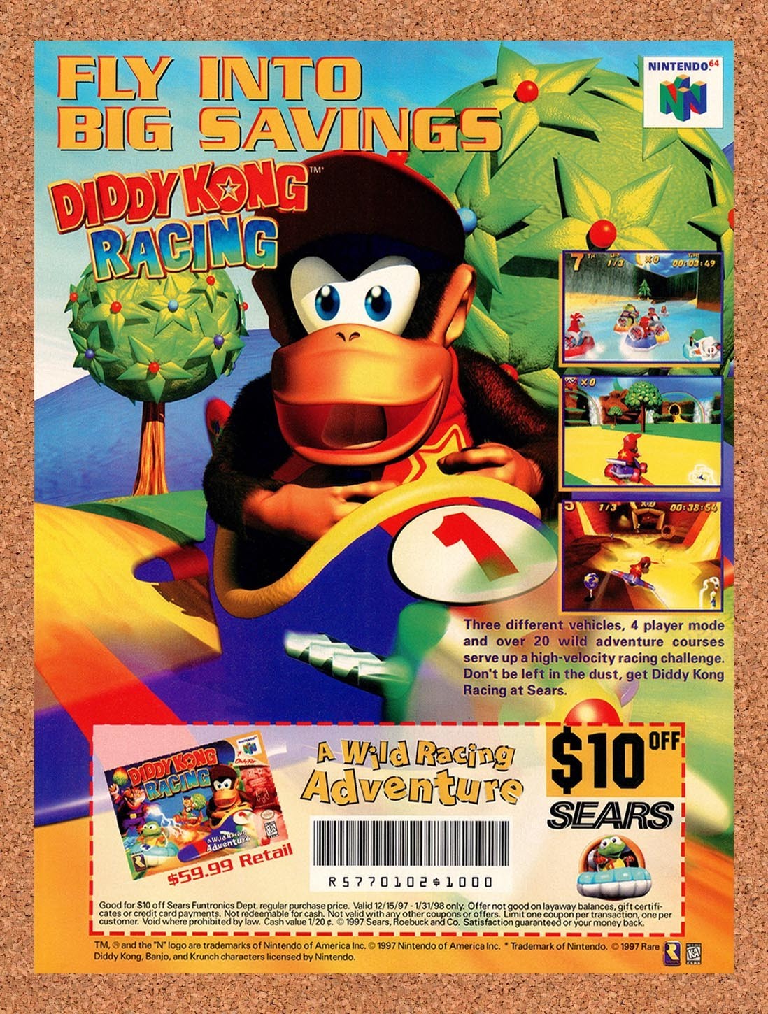 1998 Diddy Kong Racing Sears Coupon Original Advertisement / Retro Promo v2