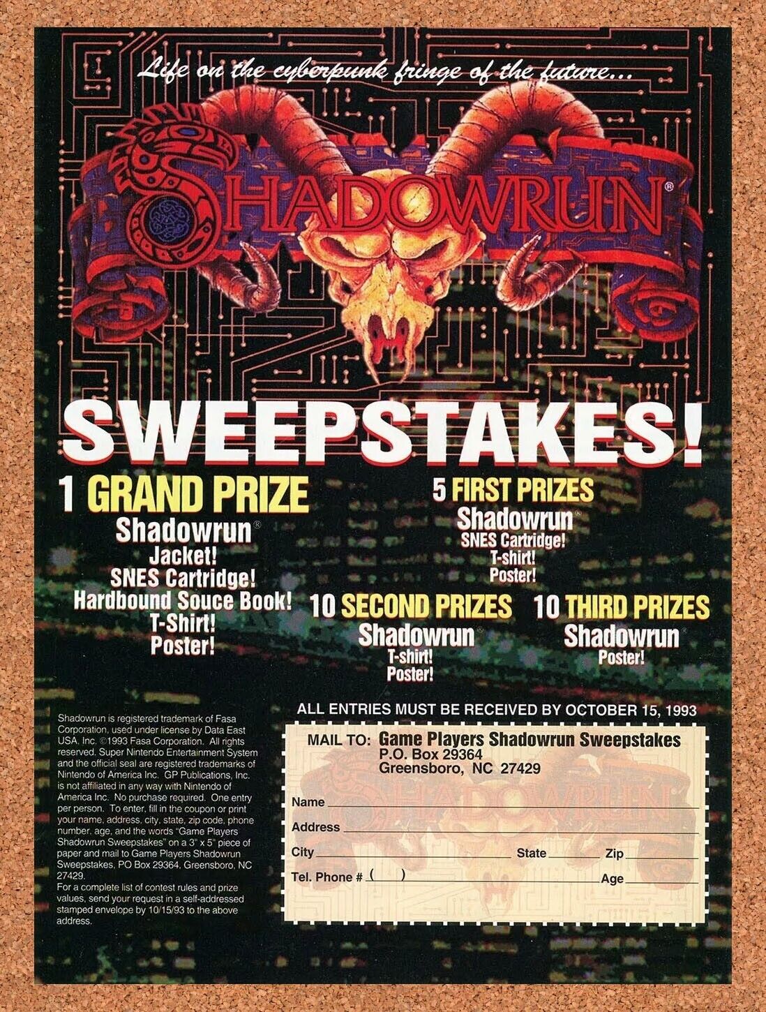 Shadowrun SNES Sweepstakes Original 1994 Ad Authentic Nintendo Game Promo