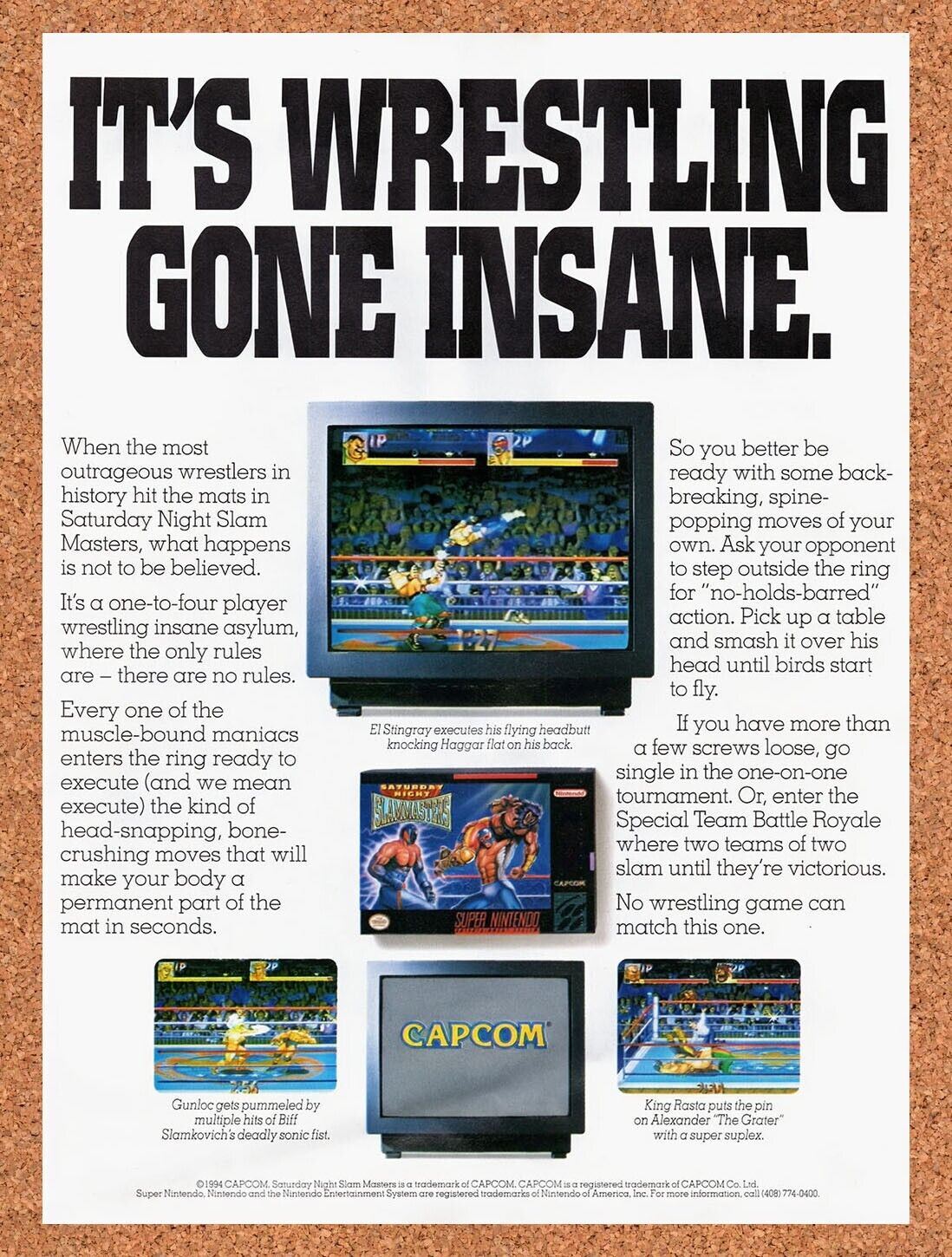 1994 Saturday Night Slam Masters SNES Original Ad / Retro Wall Art v1