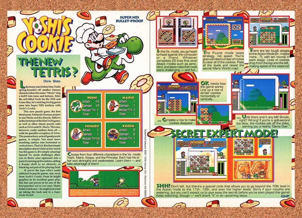 1993 Yoshi's Cookie NES Original Advertisement / Retro Promo v2