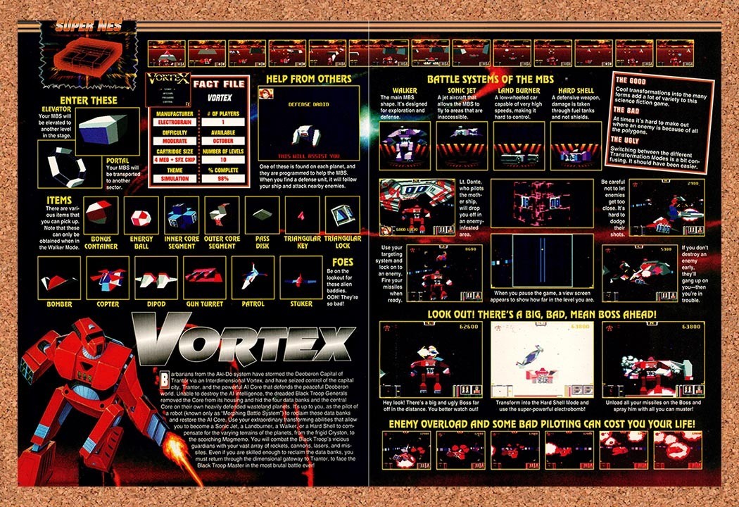 1994 Vortex SNES Original Advertisement / Retro Promo vr1
