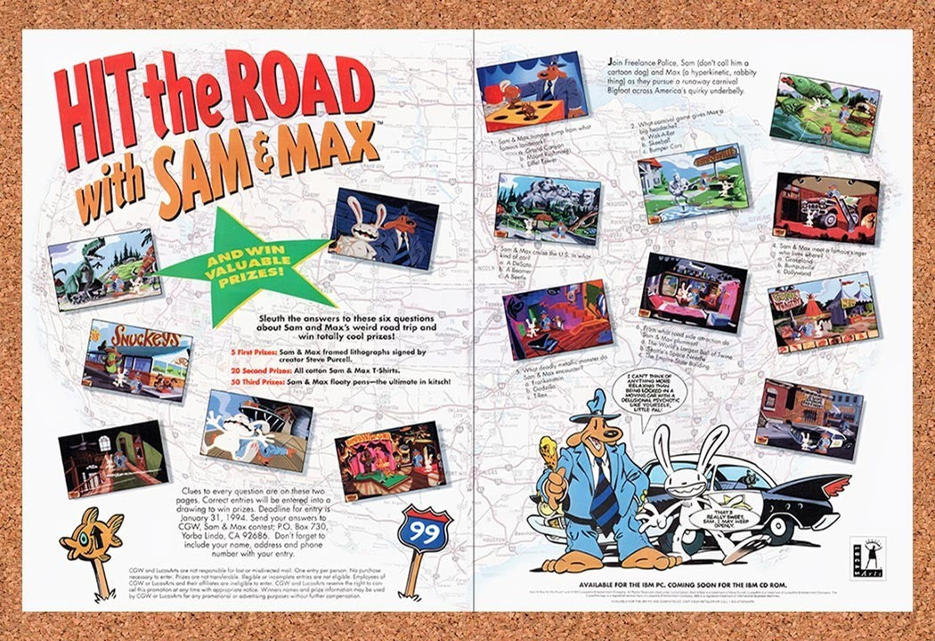 1994 Sam & Max Hit The Road Sweepstakes Original Advertisement / Retro Promo v2