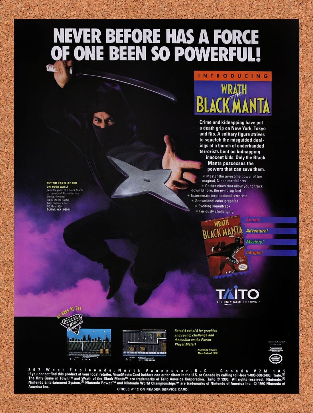 1989 Wrath Of The Black Manta NES Original Advertisement / Retro Wall Art v1