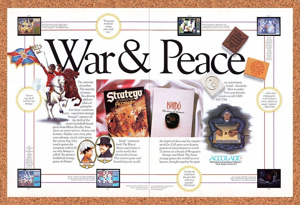 Accolade PC Games Original 1990 Vintage Ad - Stratego Ishido Promo