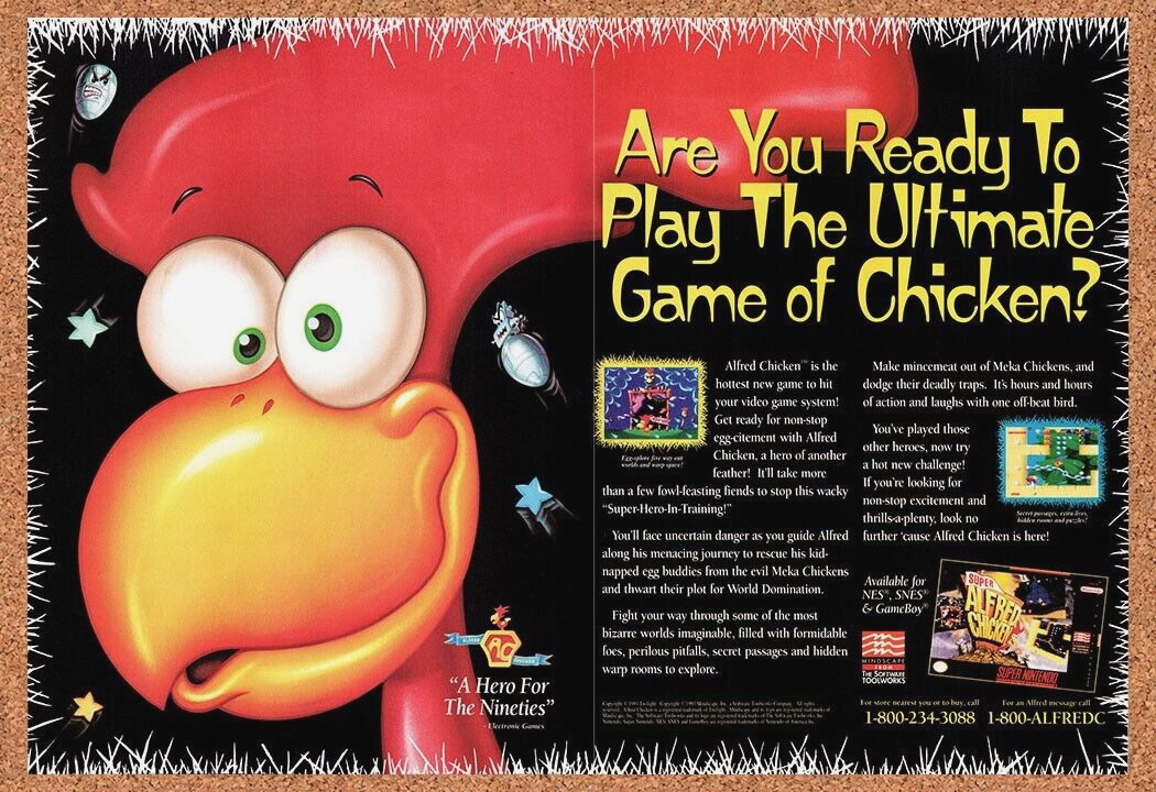 1994 Super Alfred Chicken SNES Original Advertisement / Retro Wall Art v2