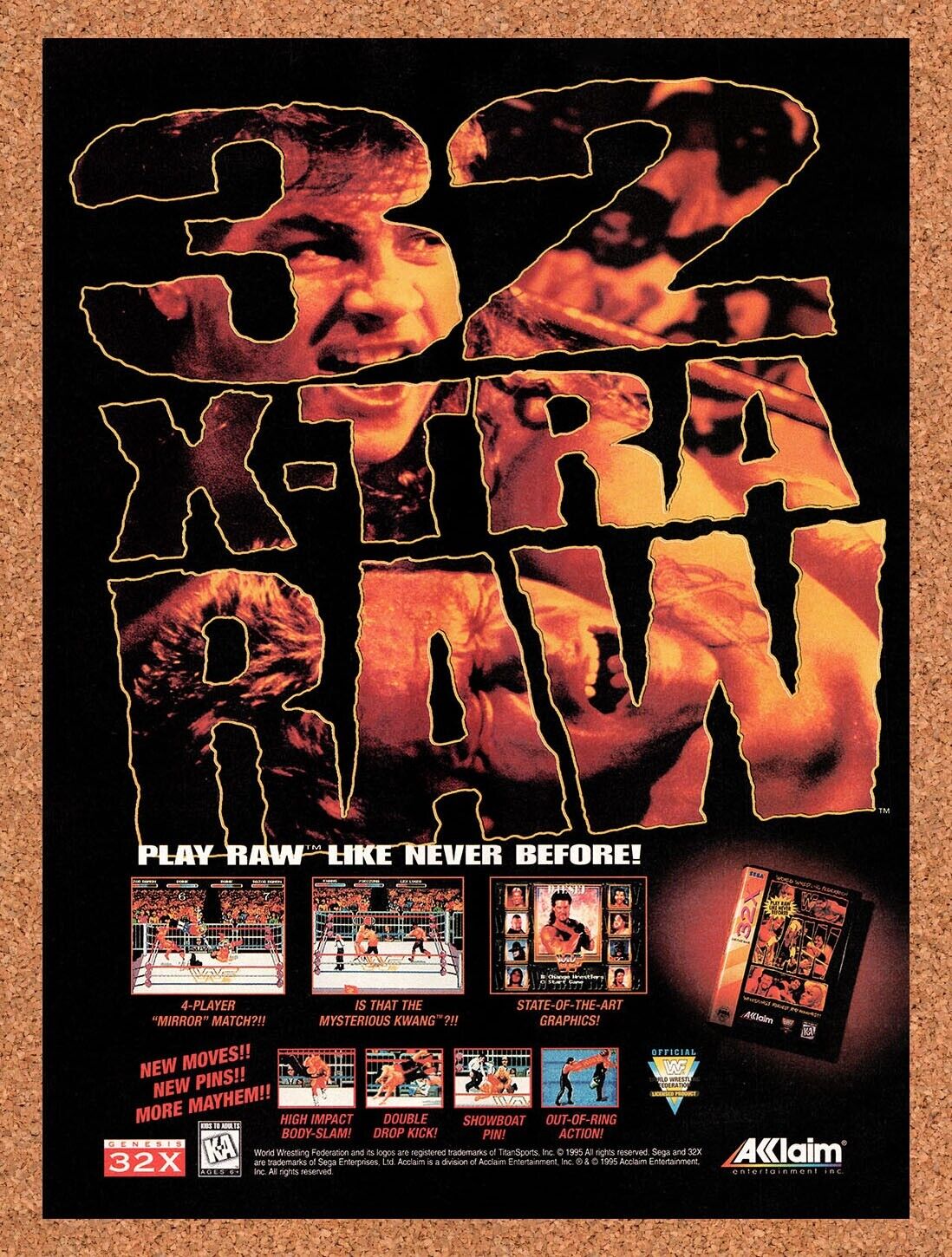 1995 WWF RAW Sega 32x Original Advertisement / Retro Wall Art v3