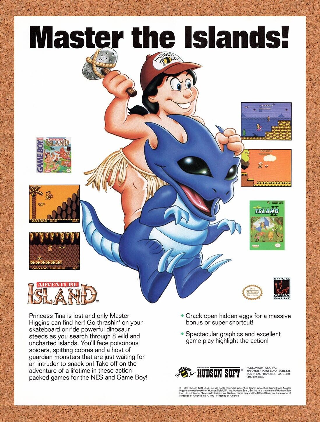 1992 Adventure Island NES Original Advertisement / Retro Wall Art v1