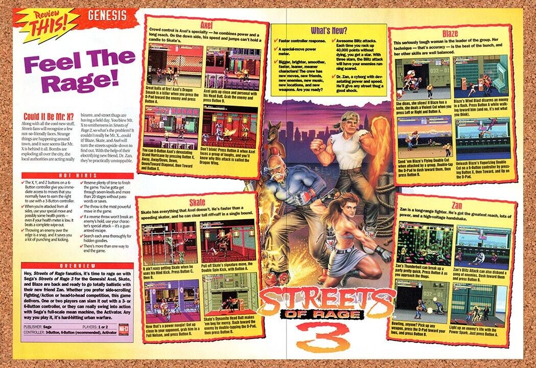 1994 Streets Of Rage 3 Genesis Original Advertisement / Retro Wall Art v2