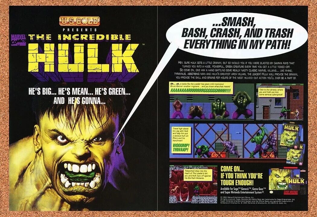 Incredible Hulk SNES Original 1994 Ad Authentic Marvel Nintendo Game Promo