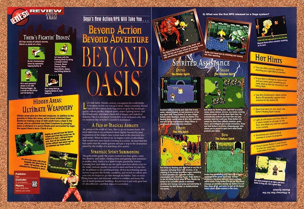 1995 Beyond Oasis Genesis Original Advertisement / Retro Promo vr4