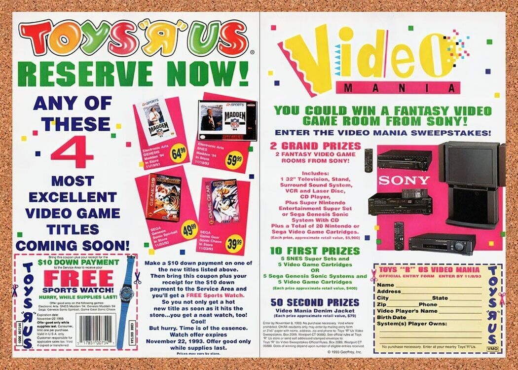 1992 Toys R Us Sweepstakes Original Advertisement / Retro Wall Art v5