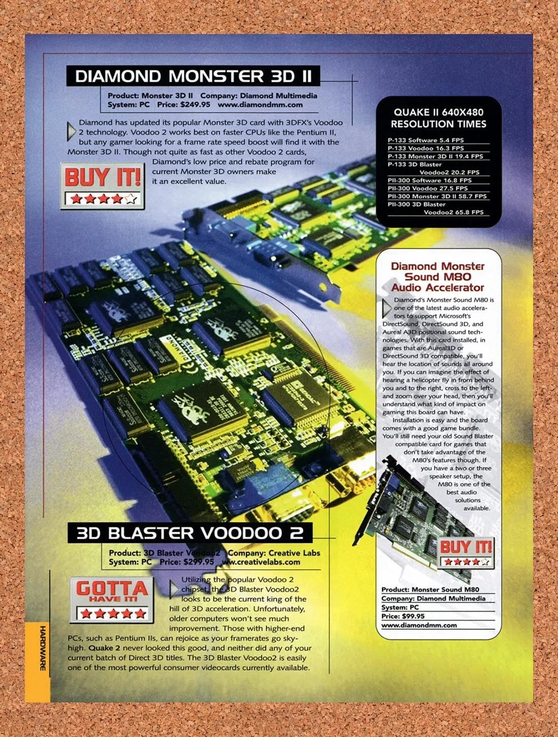 1998 Voodoo 2 3D Blaster & Diamond Monster Review Original Ad / Promo vr2