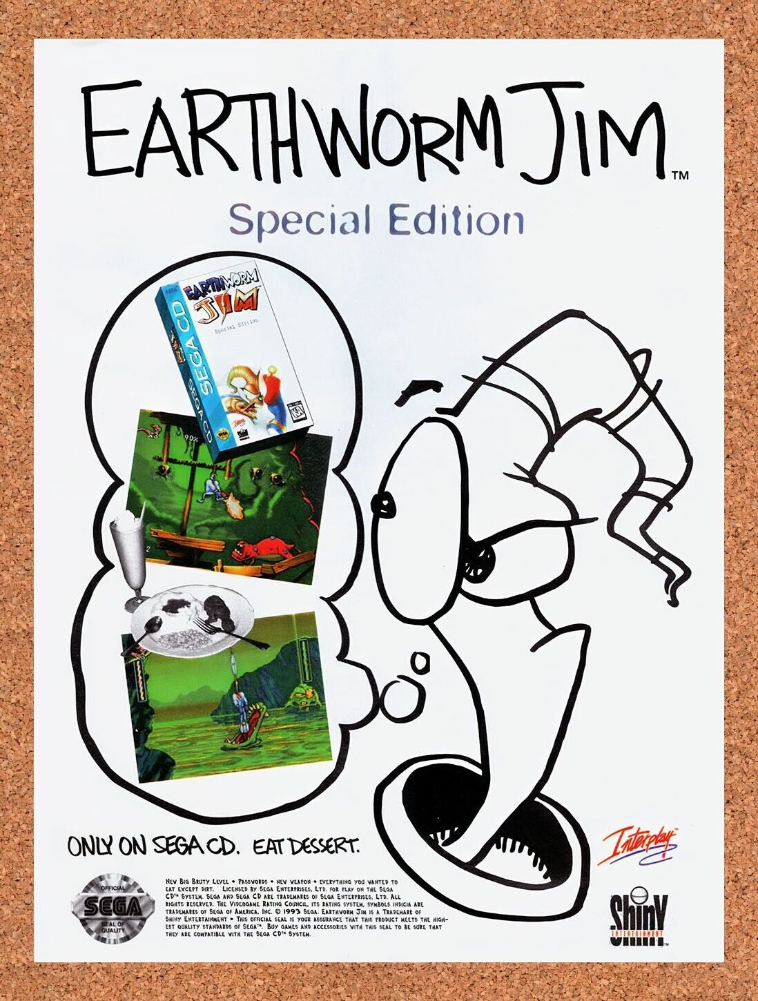 1995 Earthworm Jim Special Edition Sega CD Original Ad / Retro Wall Art v1