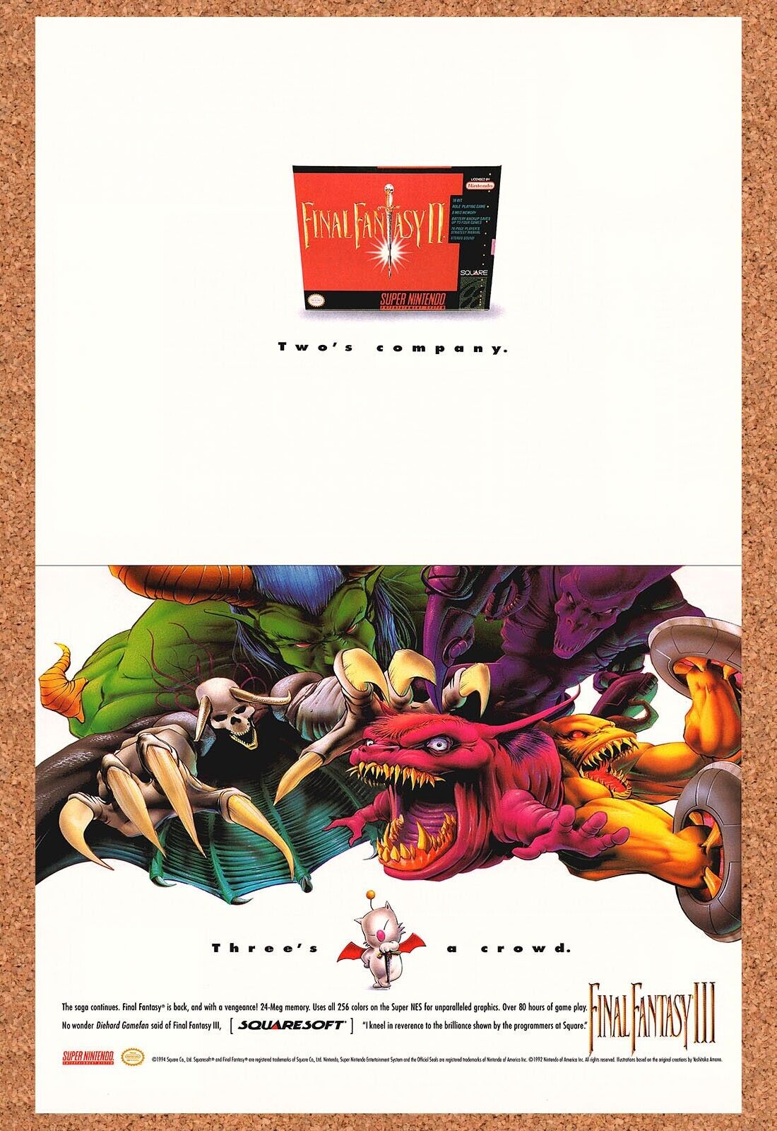 Final Fantasy III SNES Original 1994 Ad Authentic Squaresoft Video Game Promo