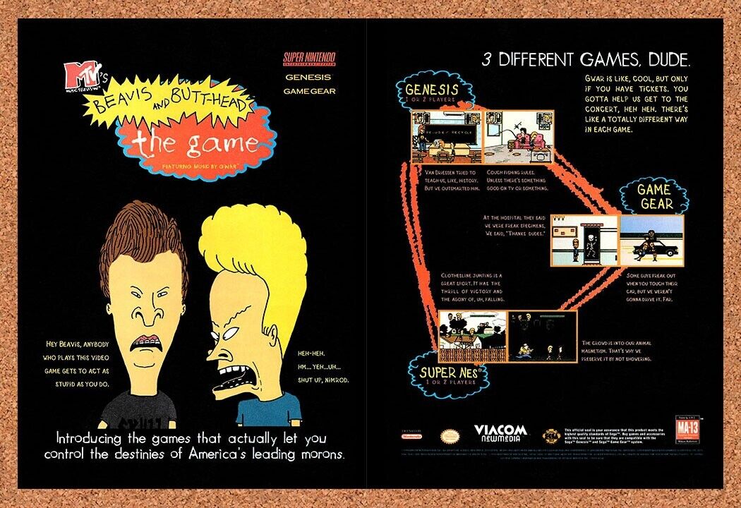 Beavis & Butthead SNES Original 1994 Print Ad Authentic MTV Video Game Art Promo