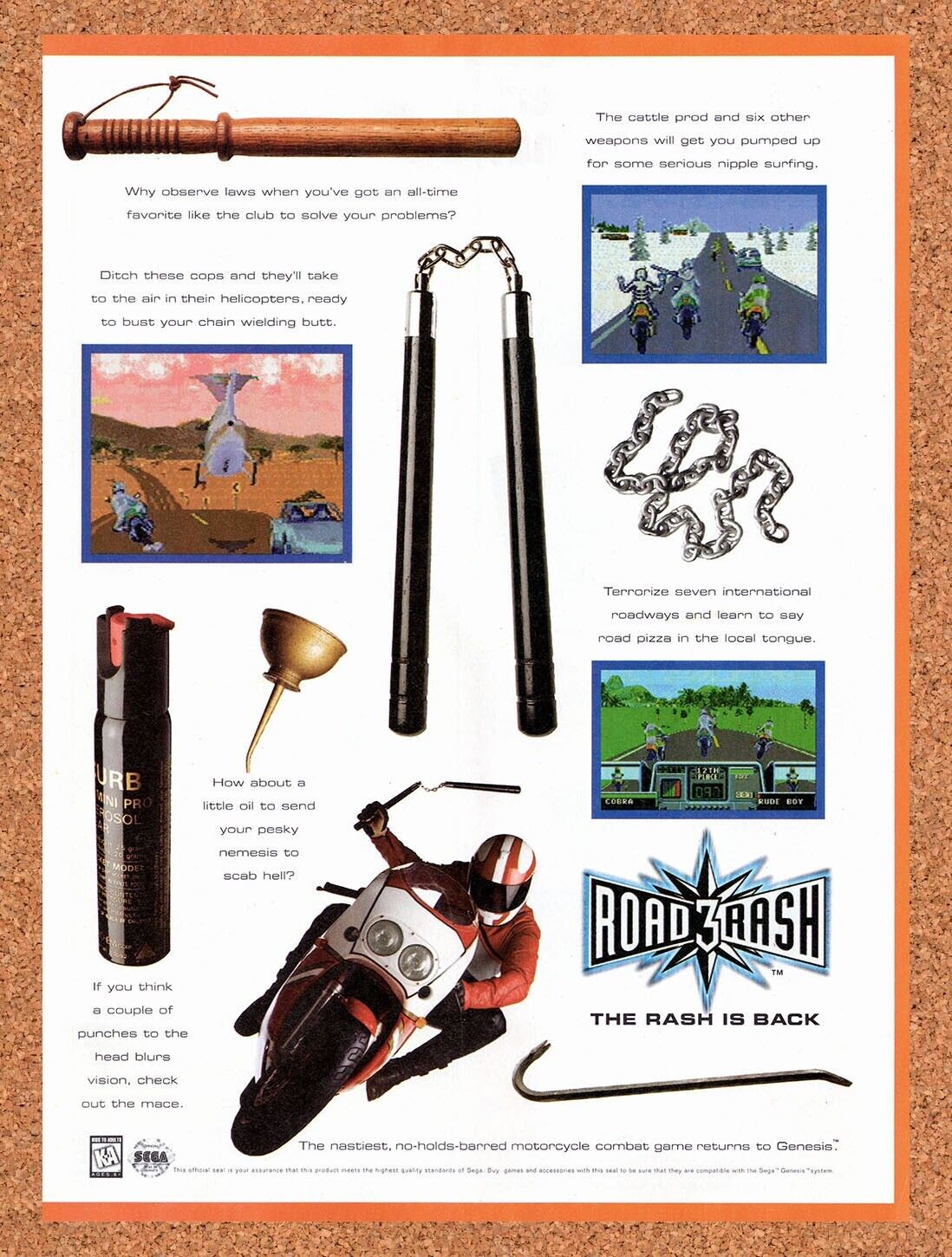 1995 Road Rash 3 Genesis Original Advertisement / Retro Wall Art v3
