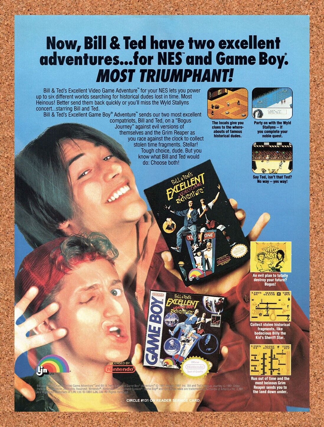 1991 Bill & Teds Excellent Video Game Adventure NES Original Ad / Retro Wall Art