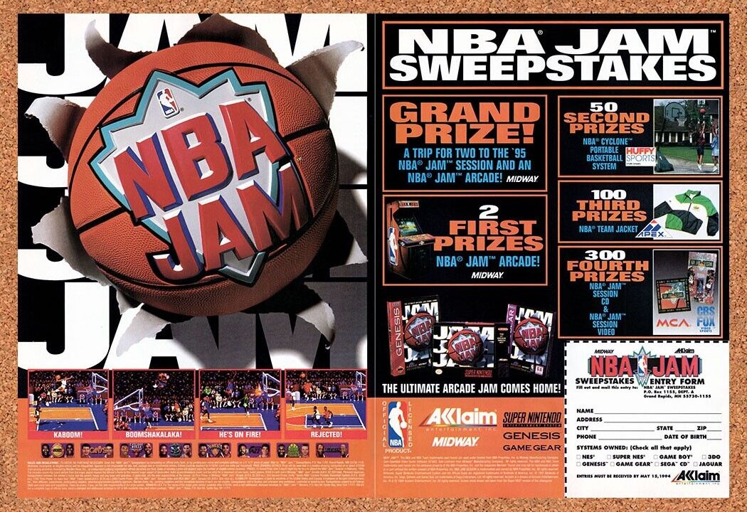 1994 NBA Jam Sweepstakes Original Advertisement / Retro Wall Art v7