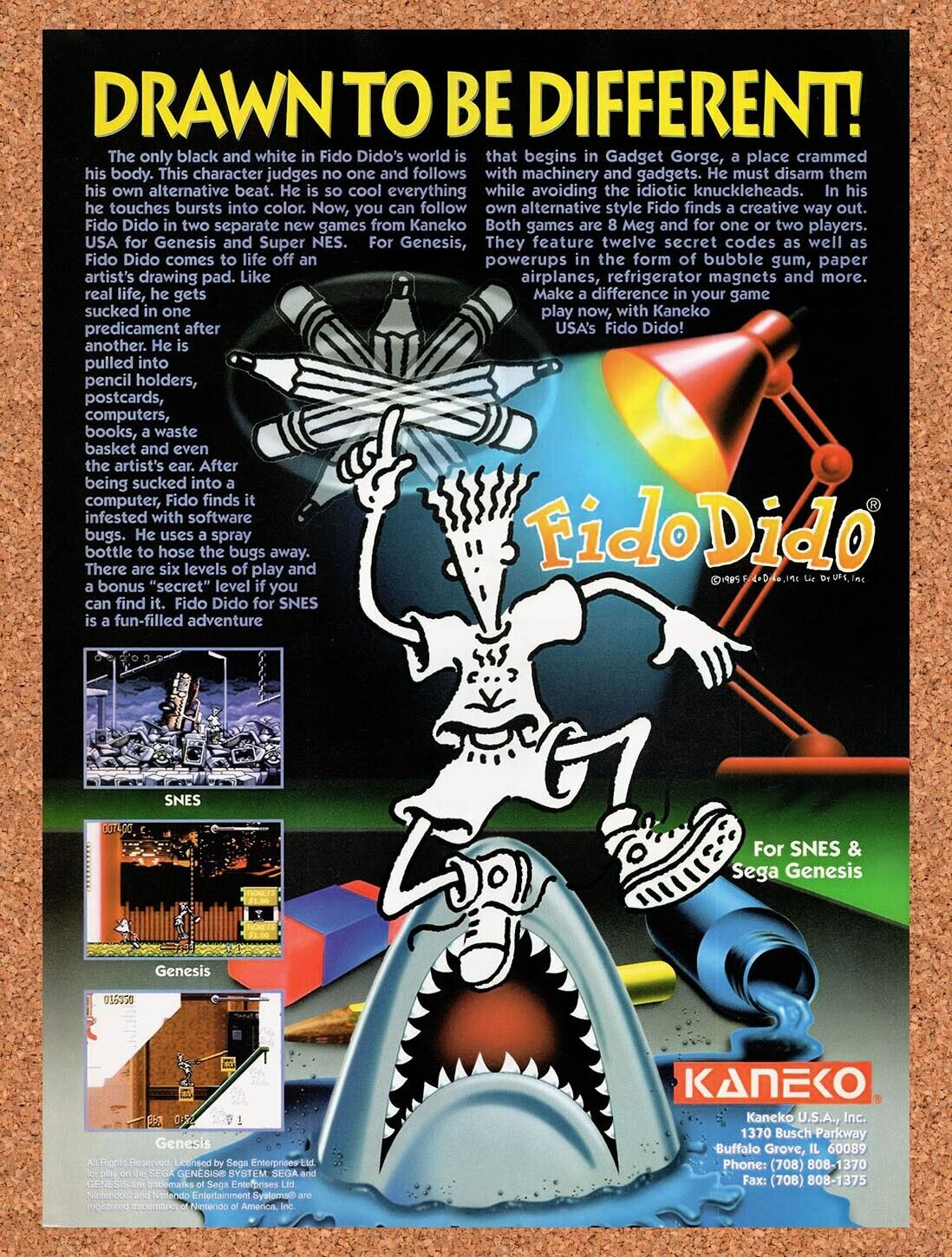 1993 Fido Dido SNES Original Advertisement / Retro Wall Art v1