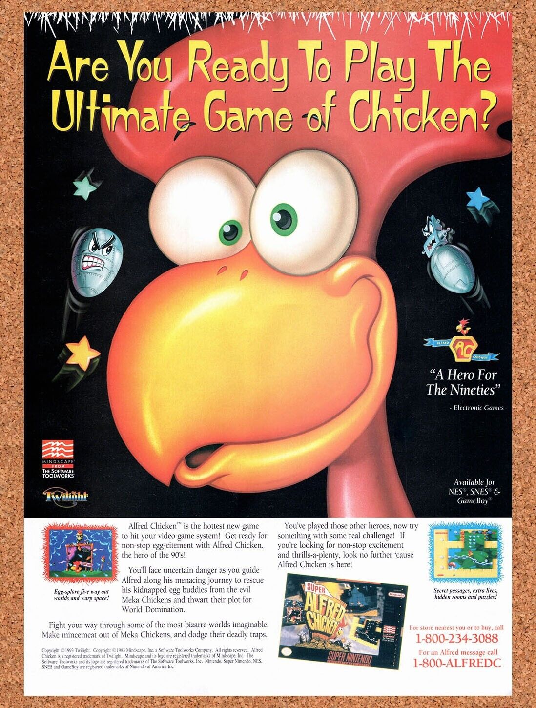 1994 Super Alfred Chicken SNES Original Advertisement / Retro Wall Art v1