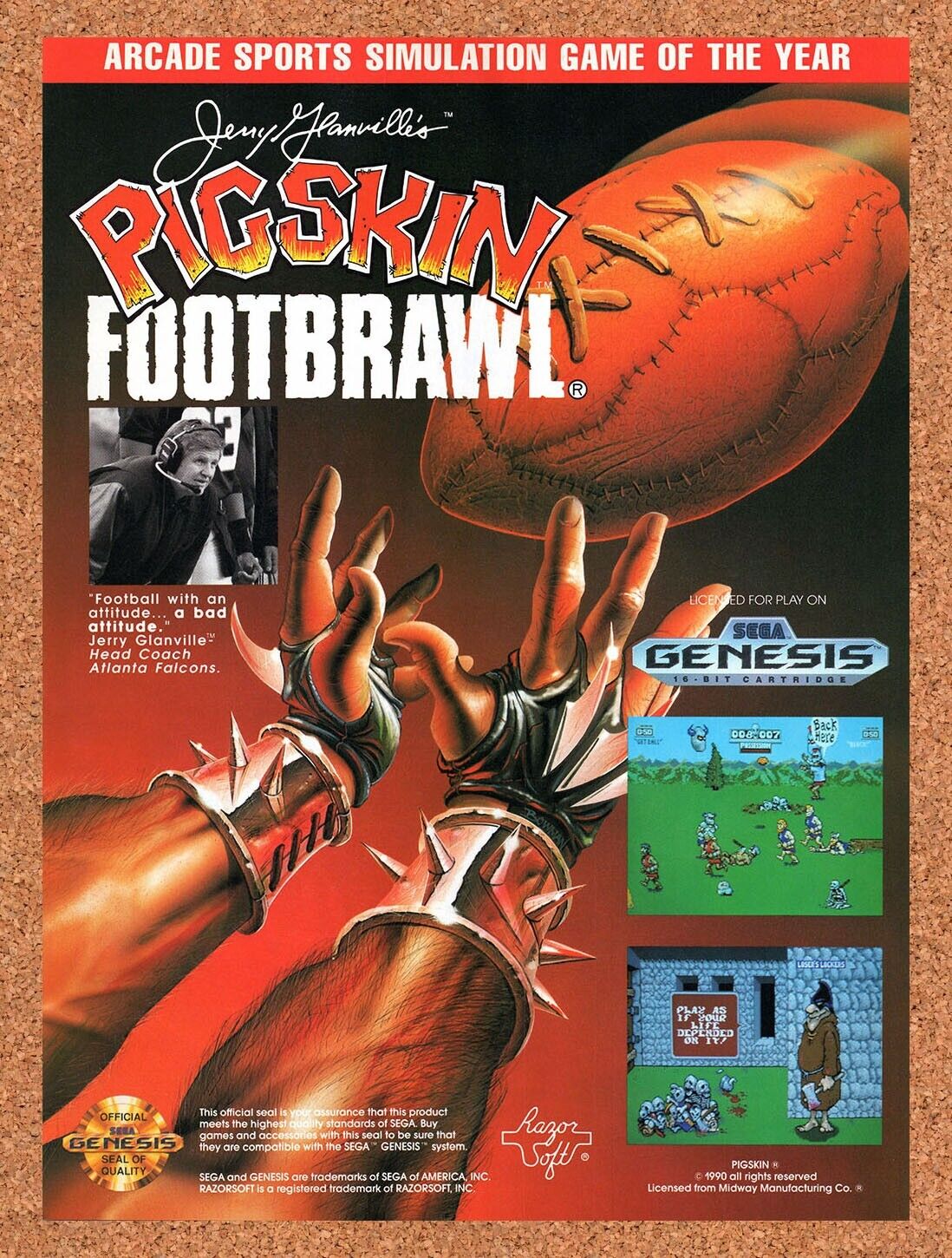 1993 Pigskin Footbrawl  Genesis Original Advertisement / Retro Wall Art v1