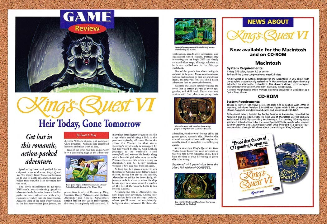 1993 Kings Quest 6 Heir Today Gone Tomorrow PC Original Ad / Retro Wall Art v2