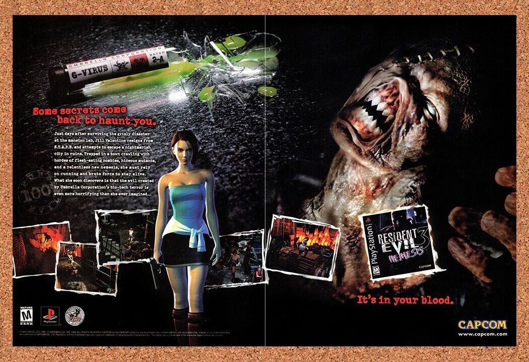1999 Resident Evil 3 Nemesis PS1 Original Advertisement / Retro Wall Art v7