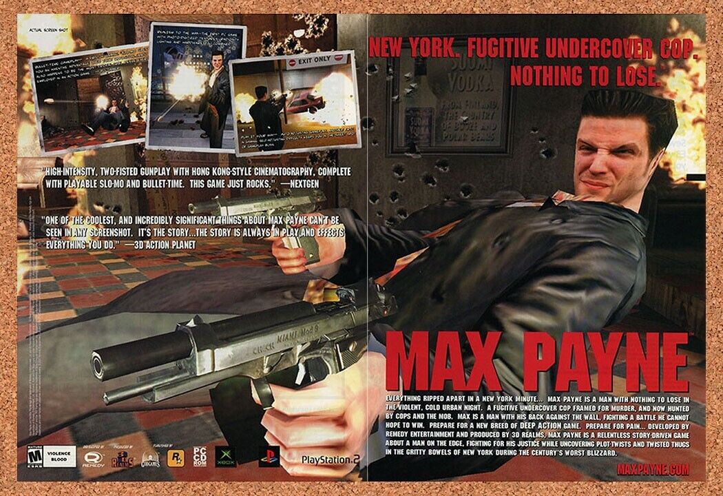 Max Payne PS2 Original 2001 Ad Authentic Rockstar Neo Noir Video Game Promo