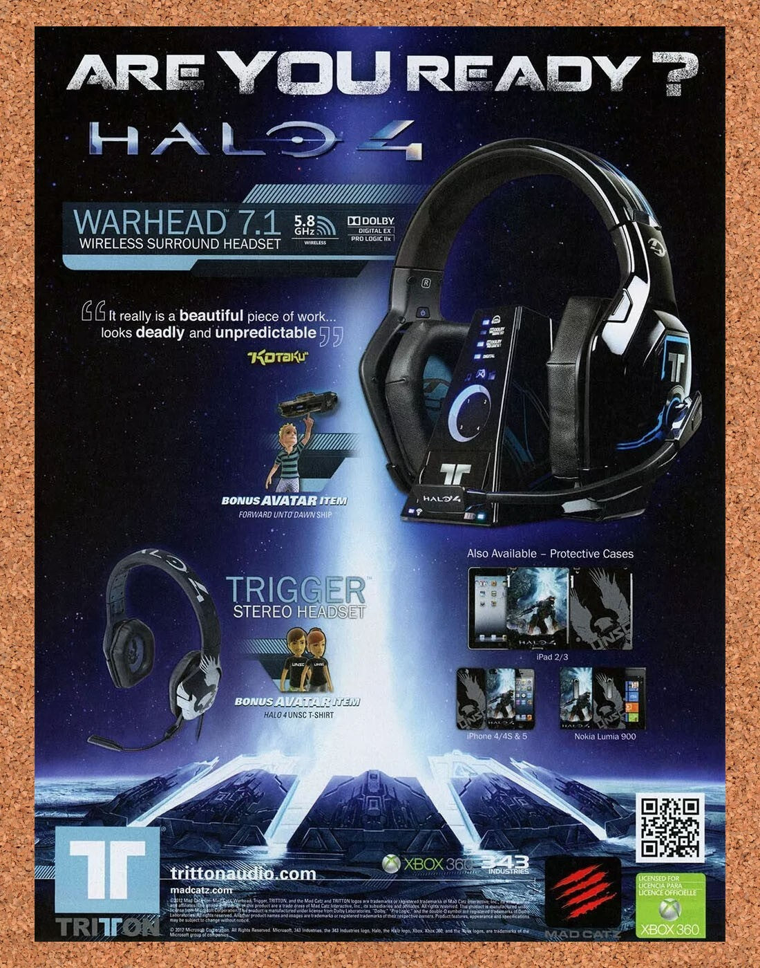 Halo 4 Xbox 360 Original 2015 Ad - Warhead 7.1 Headset Video Game Promo