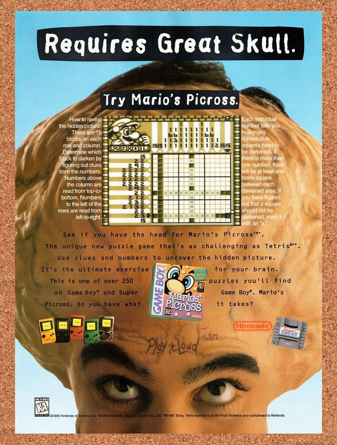 1995 Mario's Picross Game Boy Original Advertisement / Retro Wall Art v1
