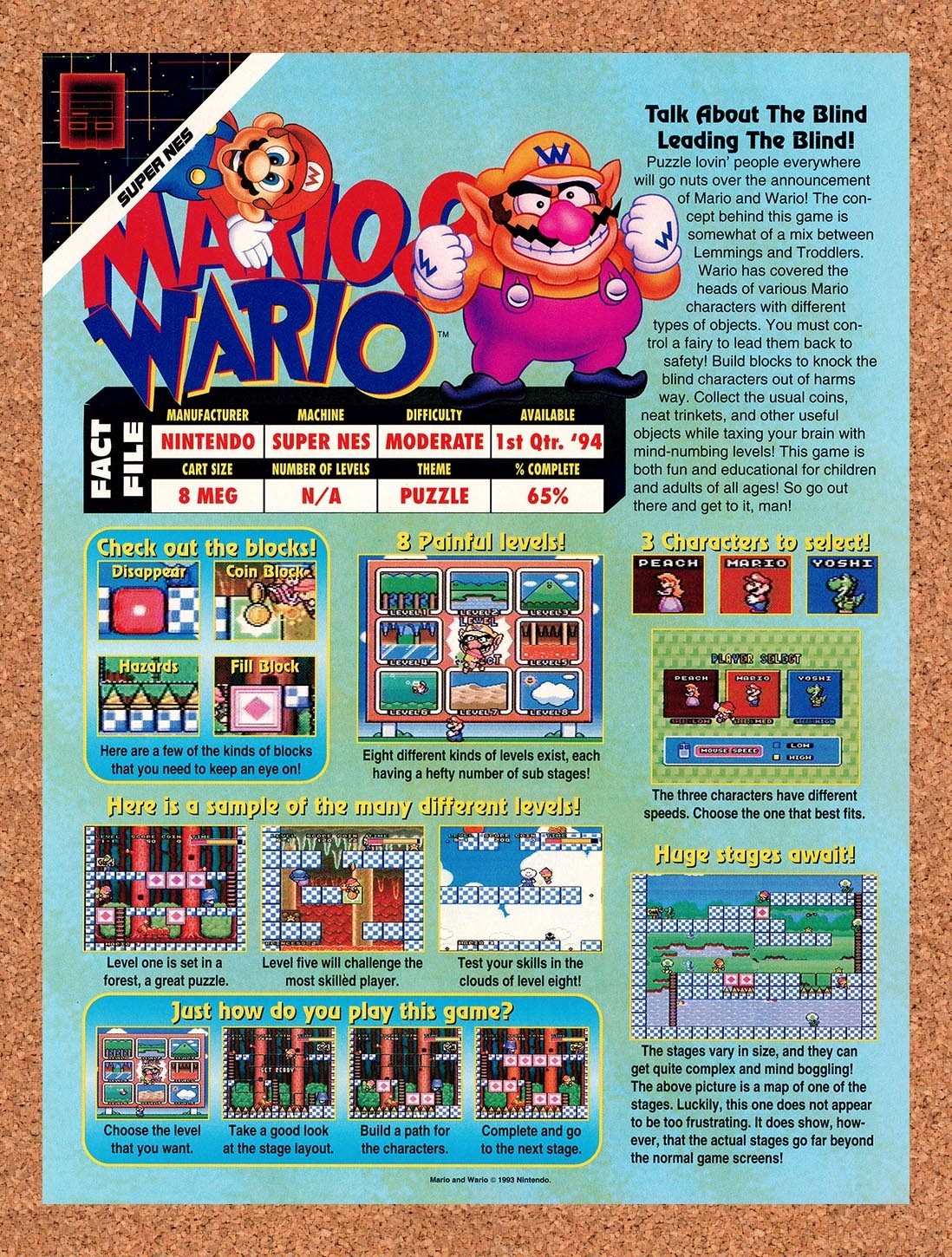 1993 Mario & Wario SNES Original Advertisement / Retro Promo v1