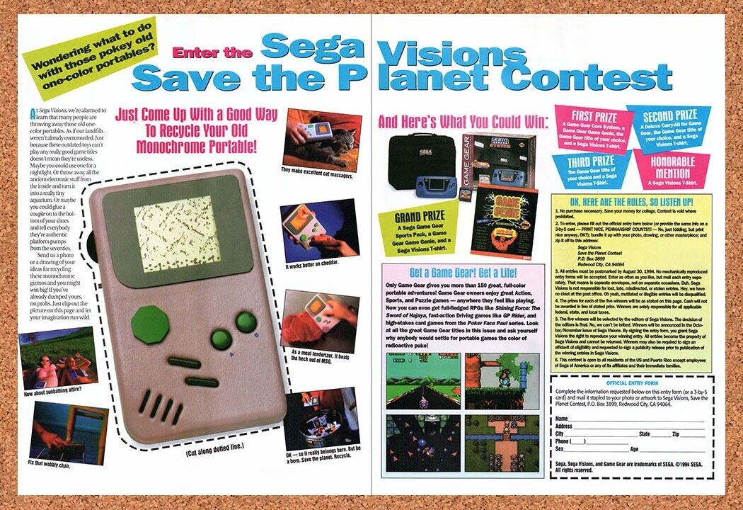 1994 Sega Visions Game Boy Recycle Contest Original Ad / Retro Wall Art v1