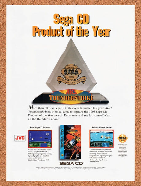 1994 AH-3 Thunderstrike Sega CD Original Advertisement / Retro Wall Art v1