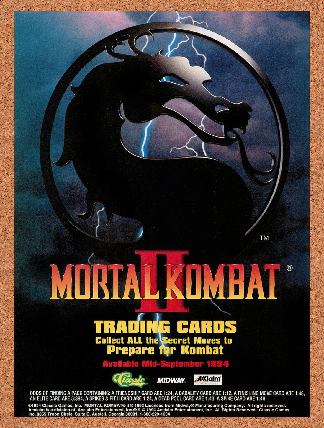 1994 Mortal Kombat II Trading Cards Original Advertisement / Retro Wall Art v13
