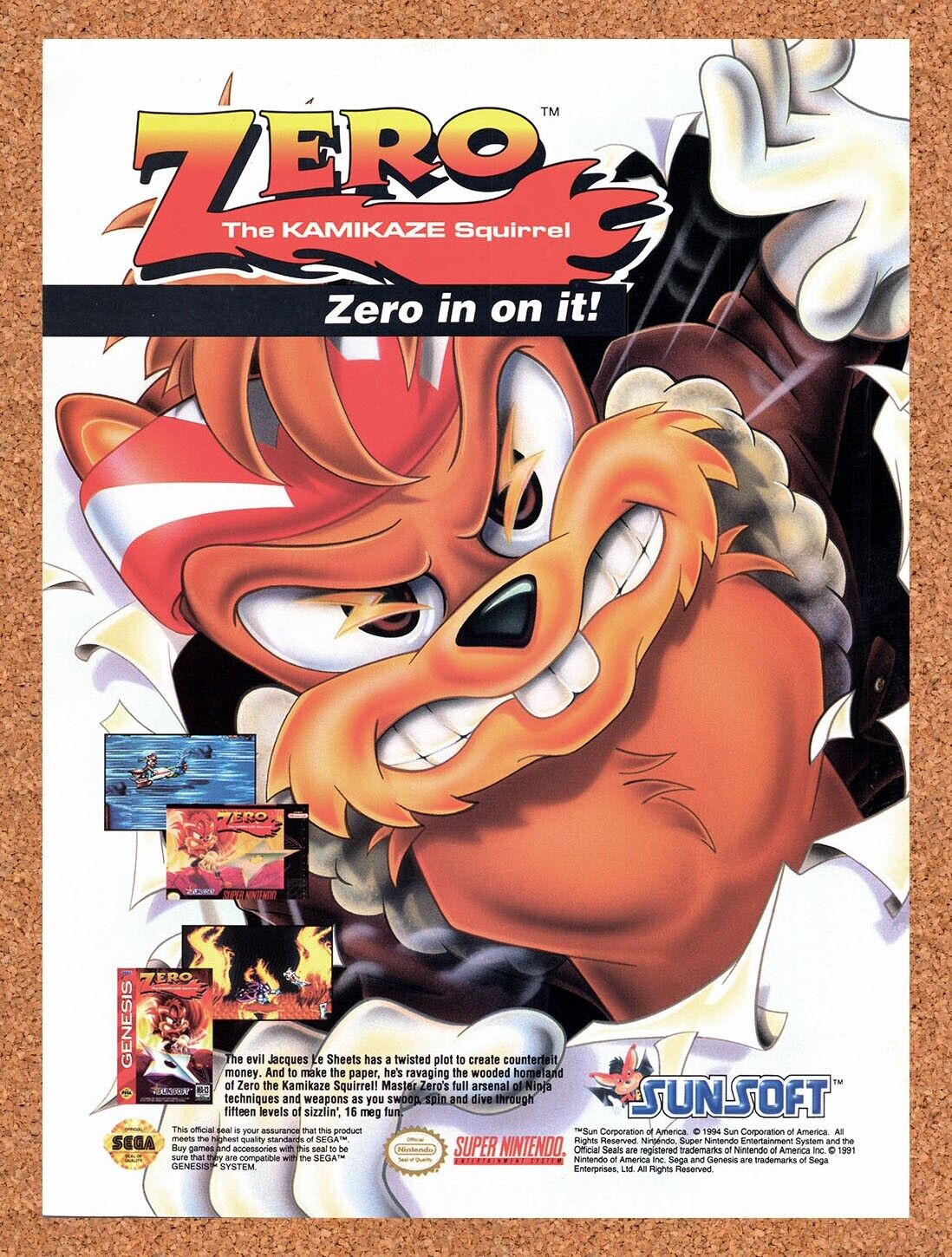 1994 Zero The Kamikaze Squirrel SNES Original Advertisement / Retro Wall Art v1
