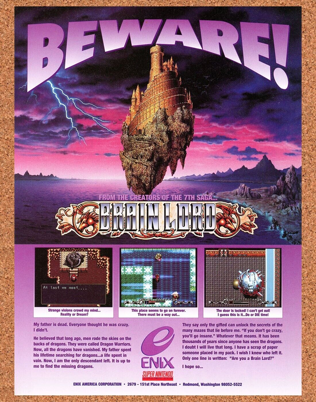 Brain Lord SNES Original 1994 Print Ad Authentic Squaresoft Video Game Art Promo