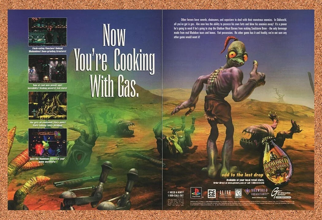 1999 Oddworld Abes Exodus PS1 Original Advertisement / Retro Promo v3