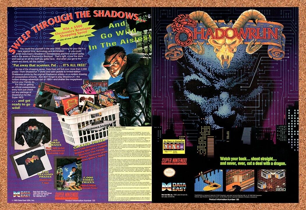 1993 Shadowrun Sweepstakes Original Advertisement / Retro Wall Art v7