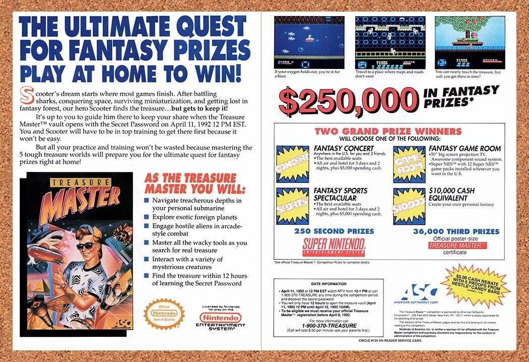 1991 Treasure Master NES Sweepstakes Original Advertisement / Retro Wall Art v1