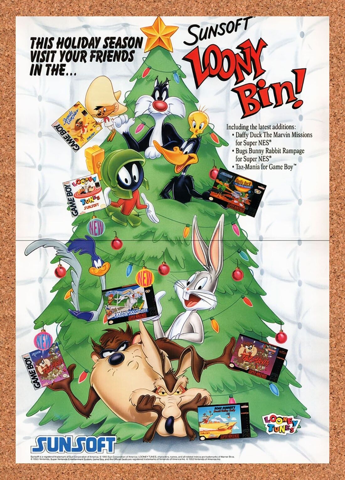 1993 Sunsoft Looney Tunes Games Christmas Original Ad / Retro Wall Art v3