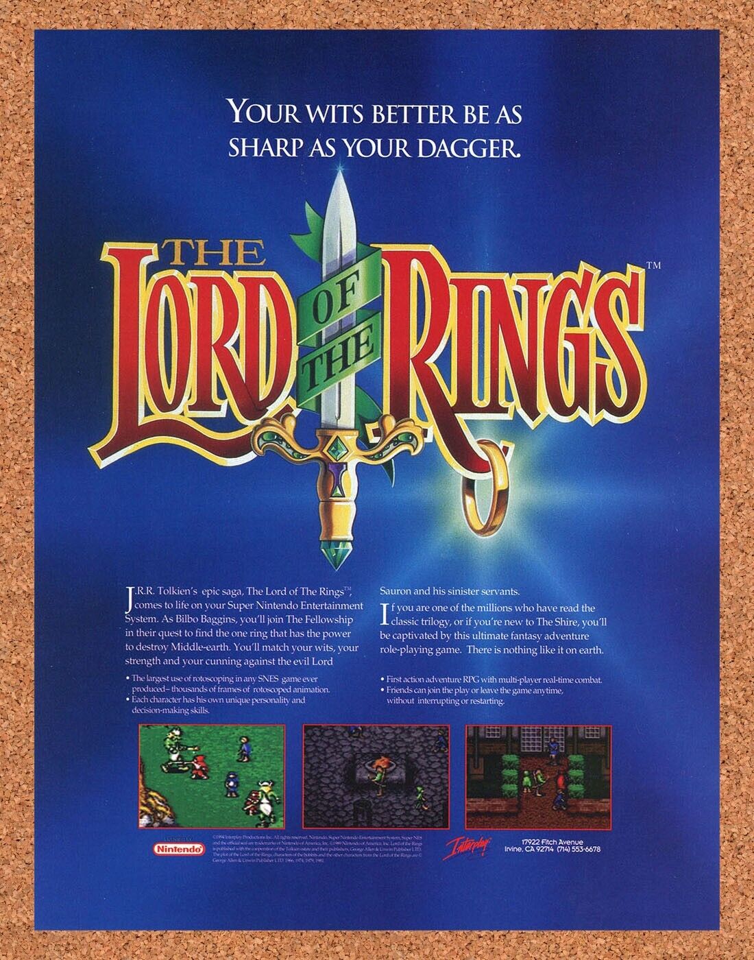 Lord Of The Rings 1 SNES Original 1994 Ad Authentic Retro RPG Video Game Promo